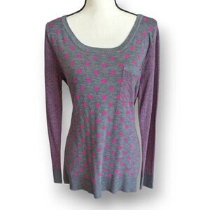 New Directions Womens Sweater Long Sleeve Soft Polka Gray Pink Large